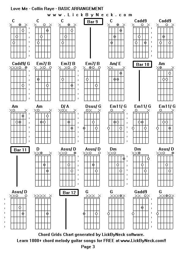 Chord Grids Chart of chord melody fingerstyle guitar song-Love Me - Collin Raye - BASIC ARRANGEMENT,generated by LickByNeck software.